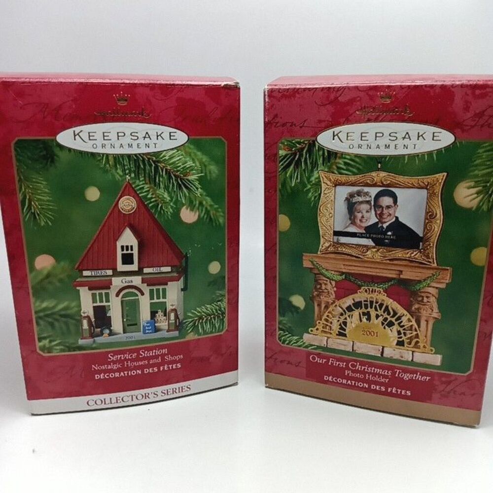 Hallmark Keepsake Ornaments Service Station & Our 1st Christmas Together 2001